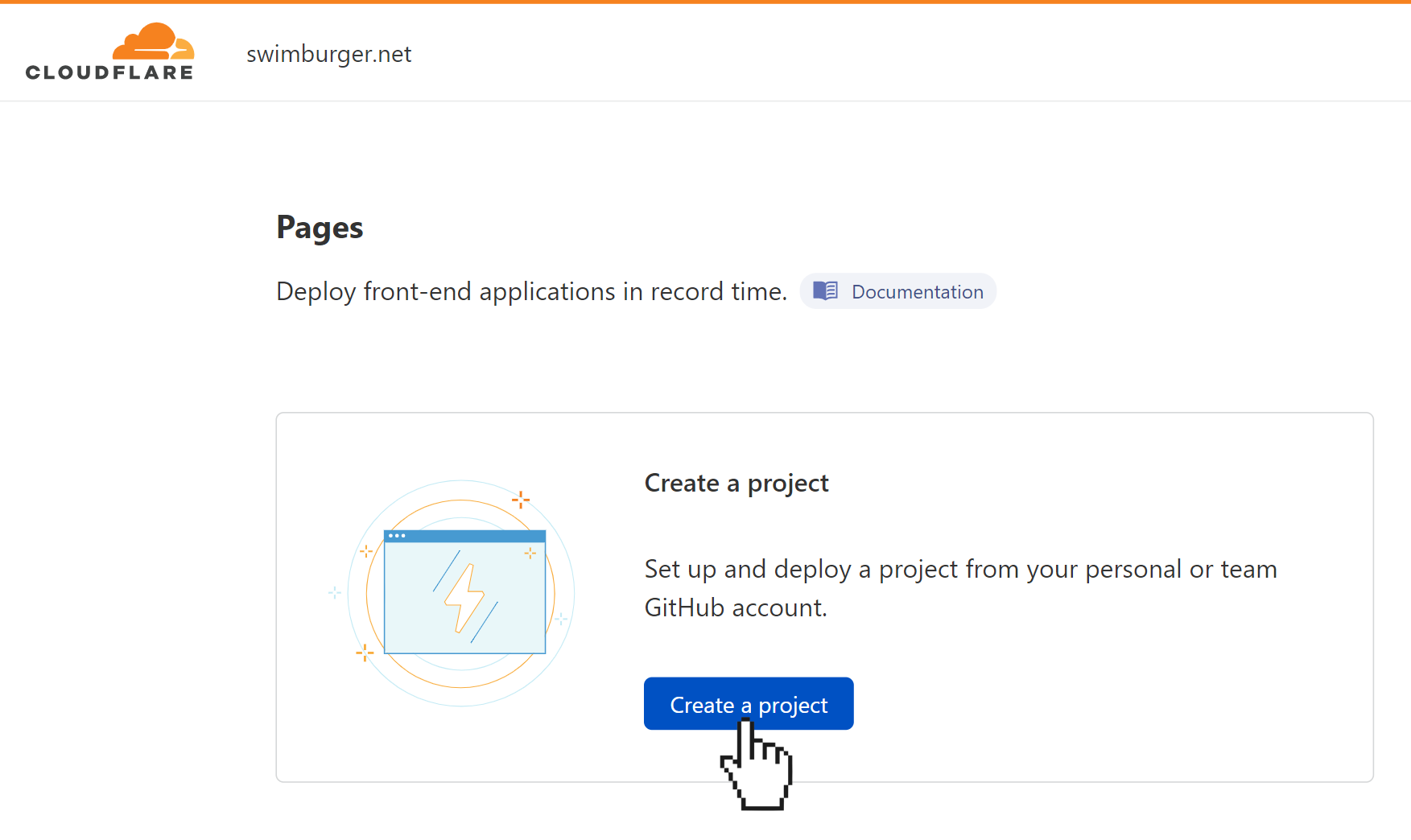 Screenshot of Cloudflare Pages homepage featuring a button &quot;Create a project&quot; with a pointer hovering over it