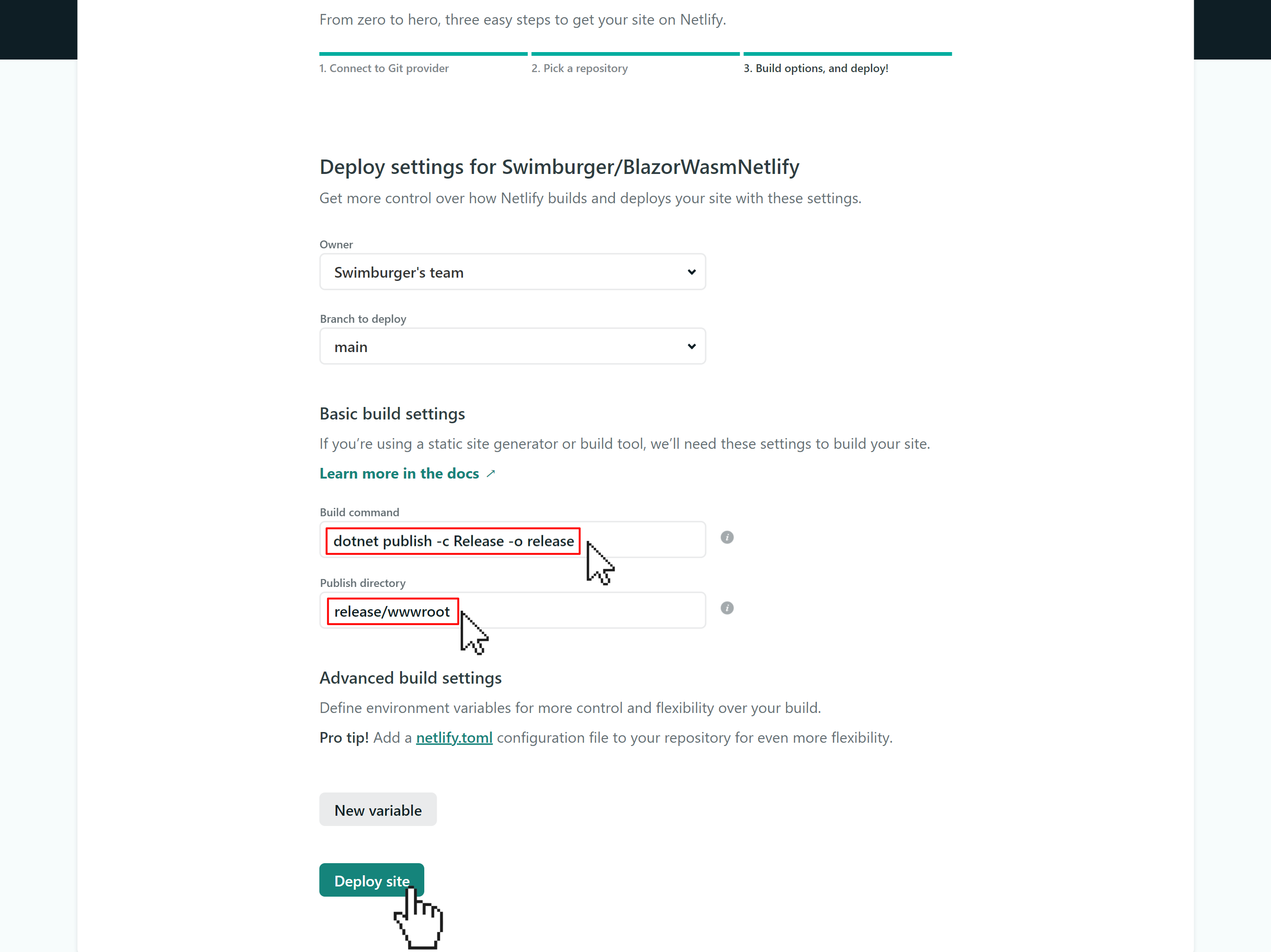 Step 3 of creating a Netlify site using Git: Build options and deploy!