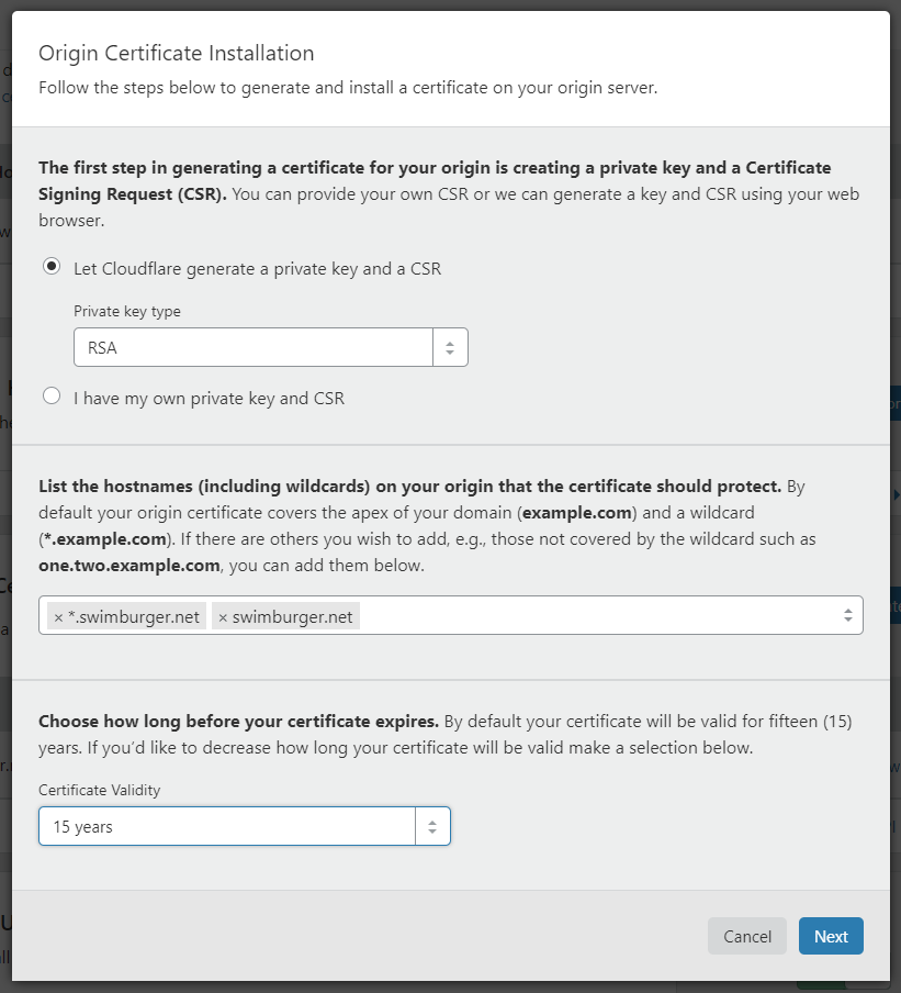 Cloudflare Origin Certificate Installation popup