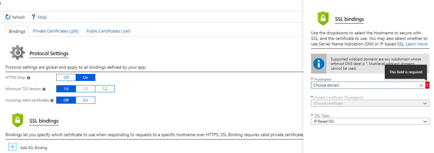 Azure App Service SSL Settings Bindings