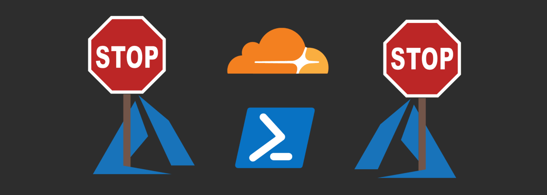 Azure logo holding stop sign, PowerShell logo, and Cloudflare logo