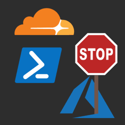 Azure logo holding stop sign, PowerShell logo, and Cloudflare logo