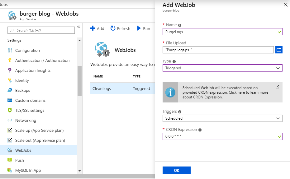 Create Clean Logs Azure Web Job