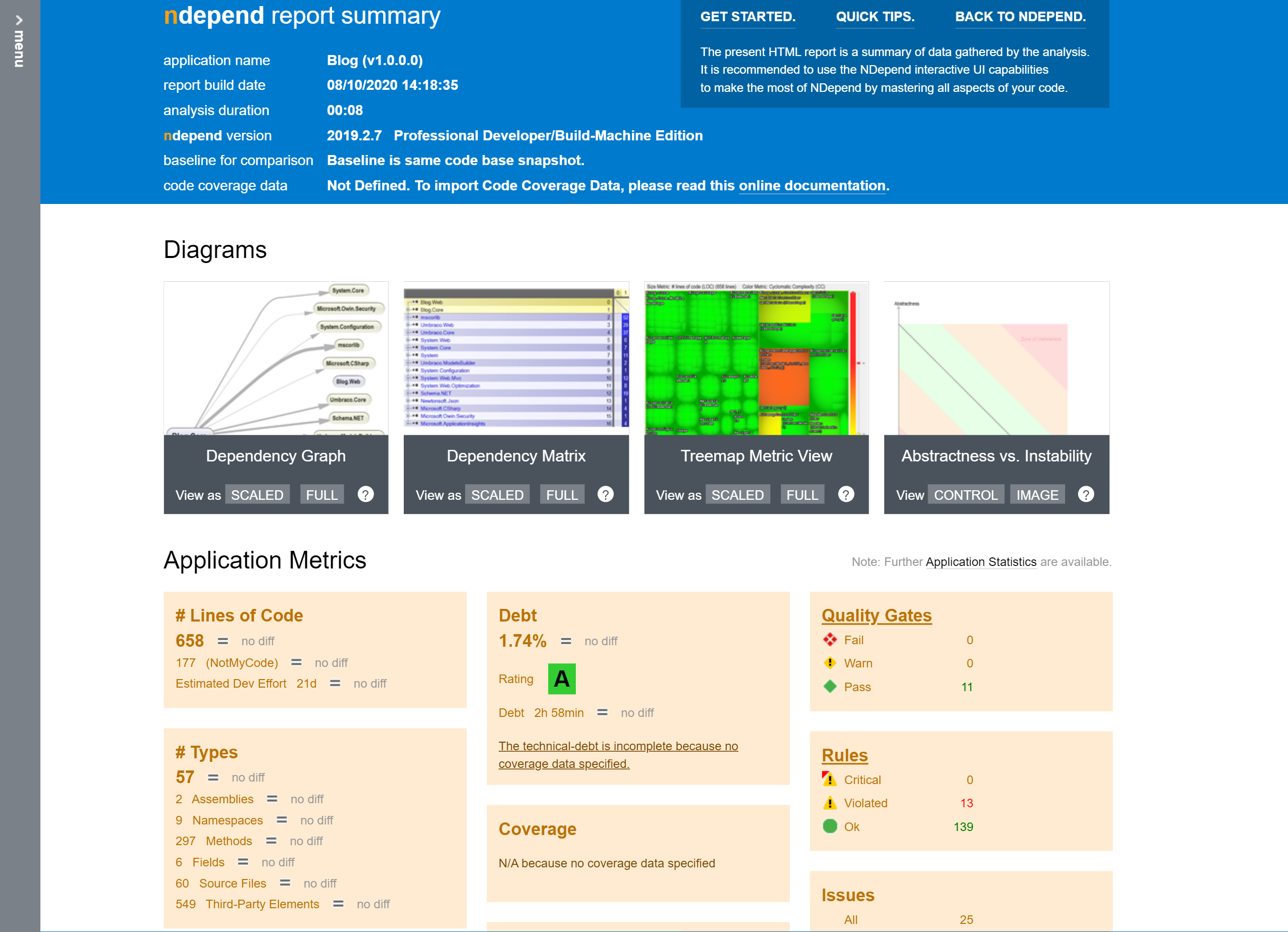 Screenshot of the NDepend web dashboard