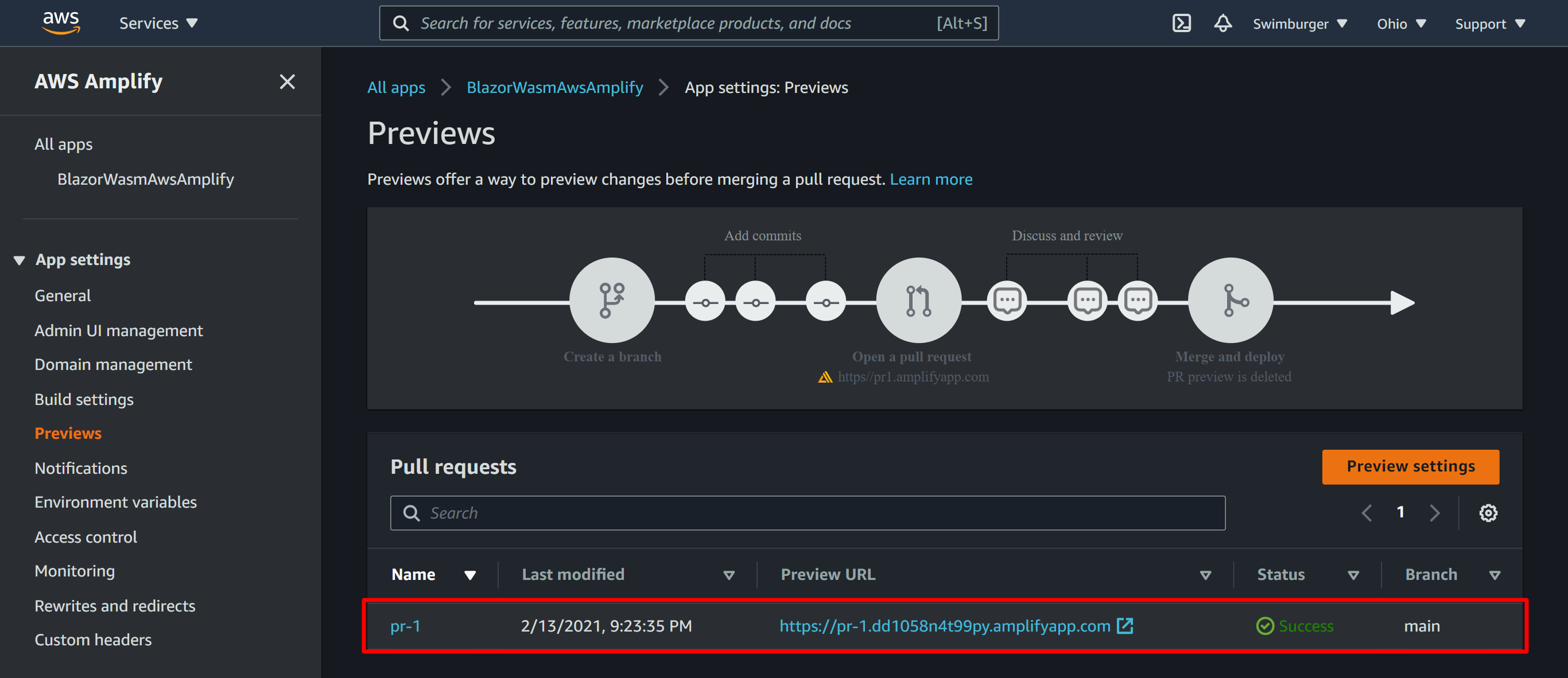 AWS Amplify Preview section listing out the pull requests and their previews