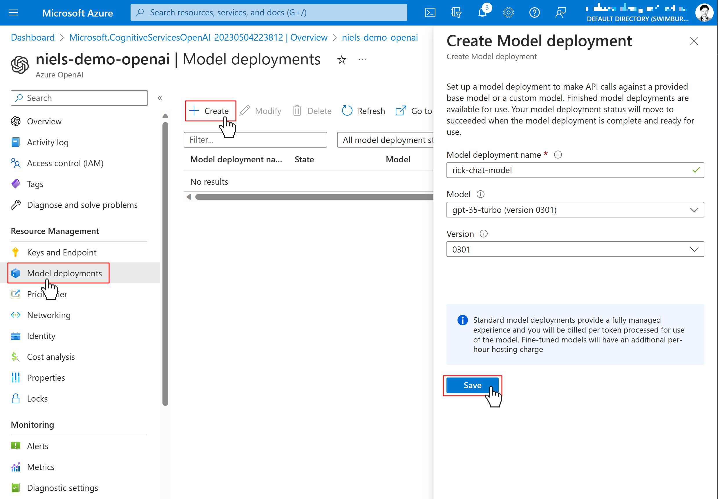 User navigates to the Model deployments tab using the left side navigation of the Azure OpenAI service. User then clicks Create button which opens the Create Model deployment modal. User fills out the form as described below, and clicks the Save button.