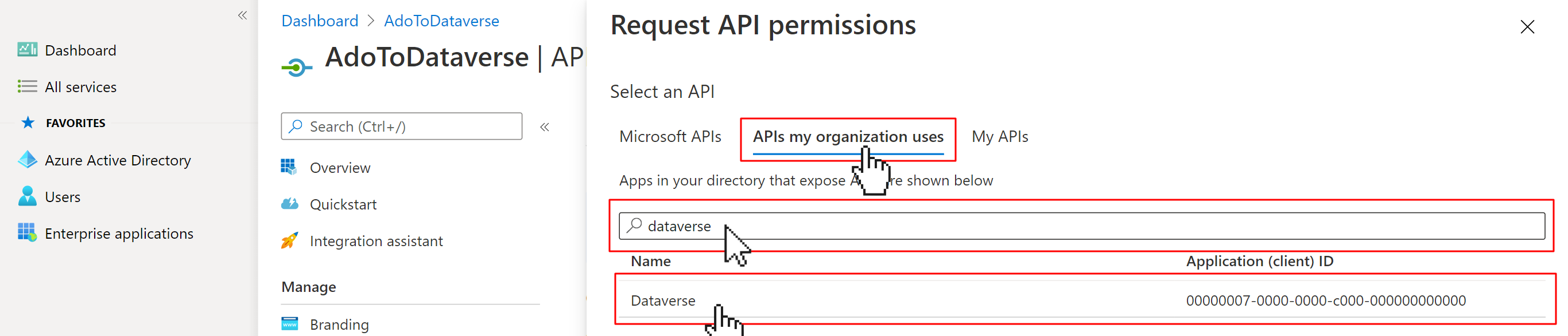 Screen to add new permissions to AAD app registration and the Dataverse permission is selected.