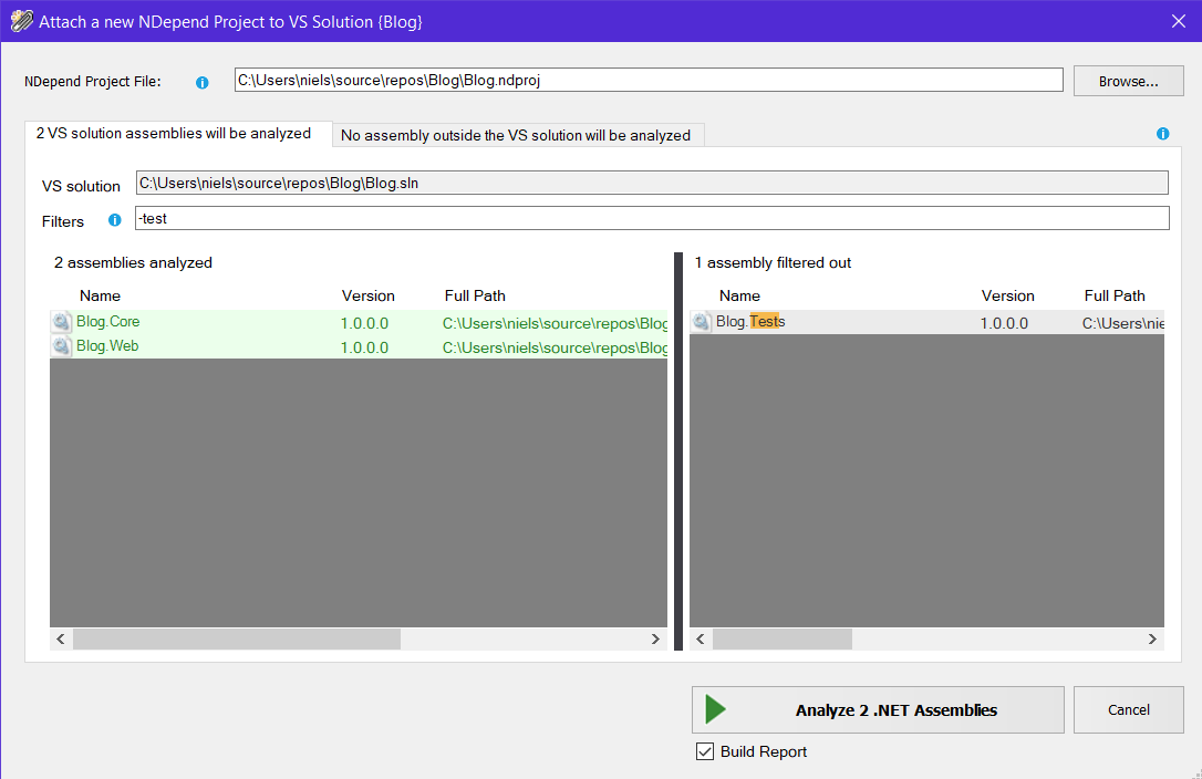 Screenshot of selecting .NET projects for NDepend analysis in Visual Studio