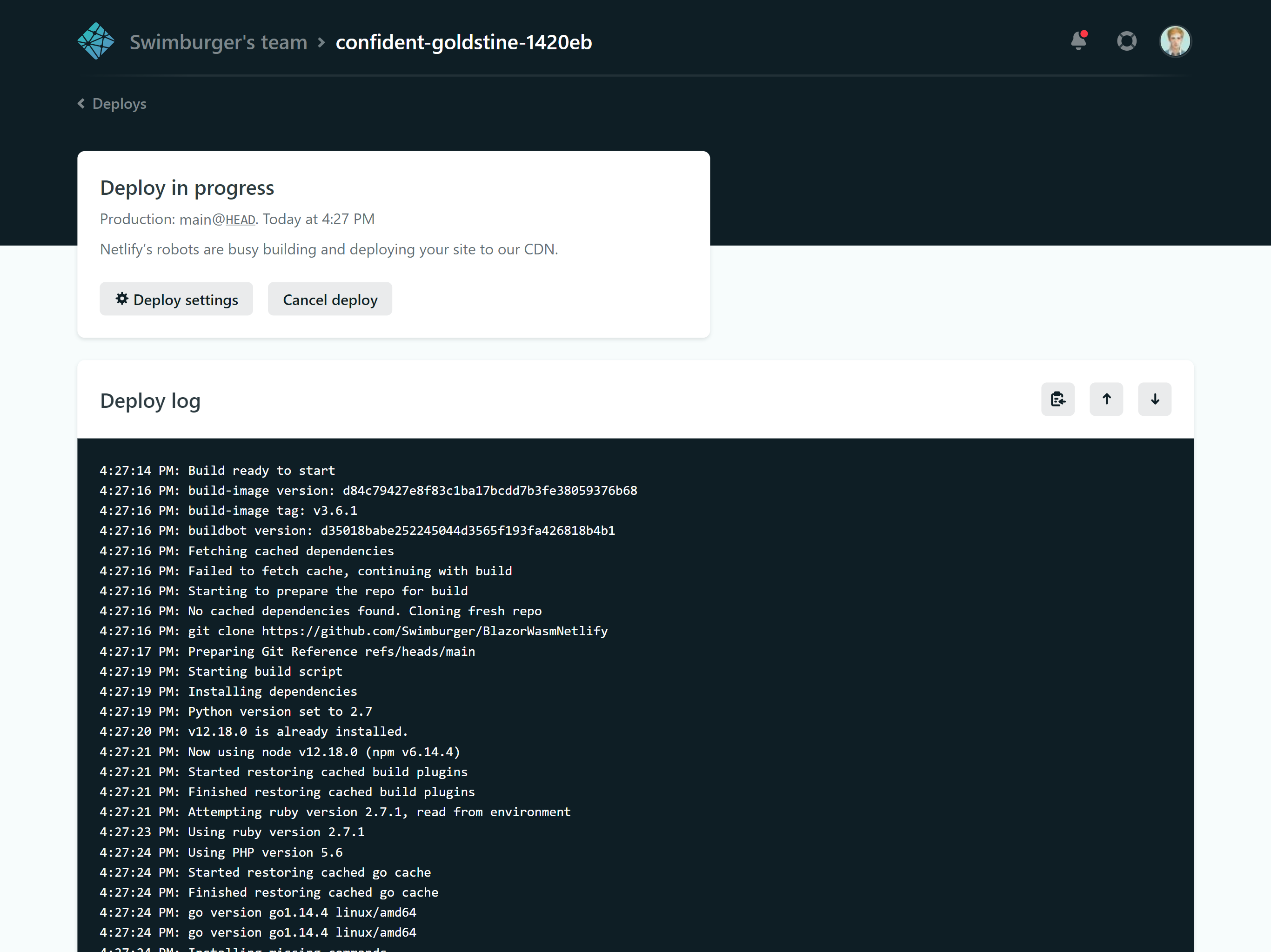 Screenshot of the real-time deployment page of Netlify. The page shows a bunch of logs for the deployment process.