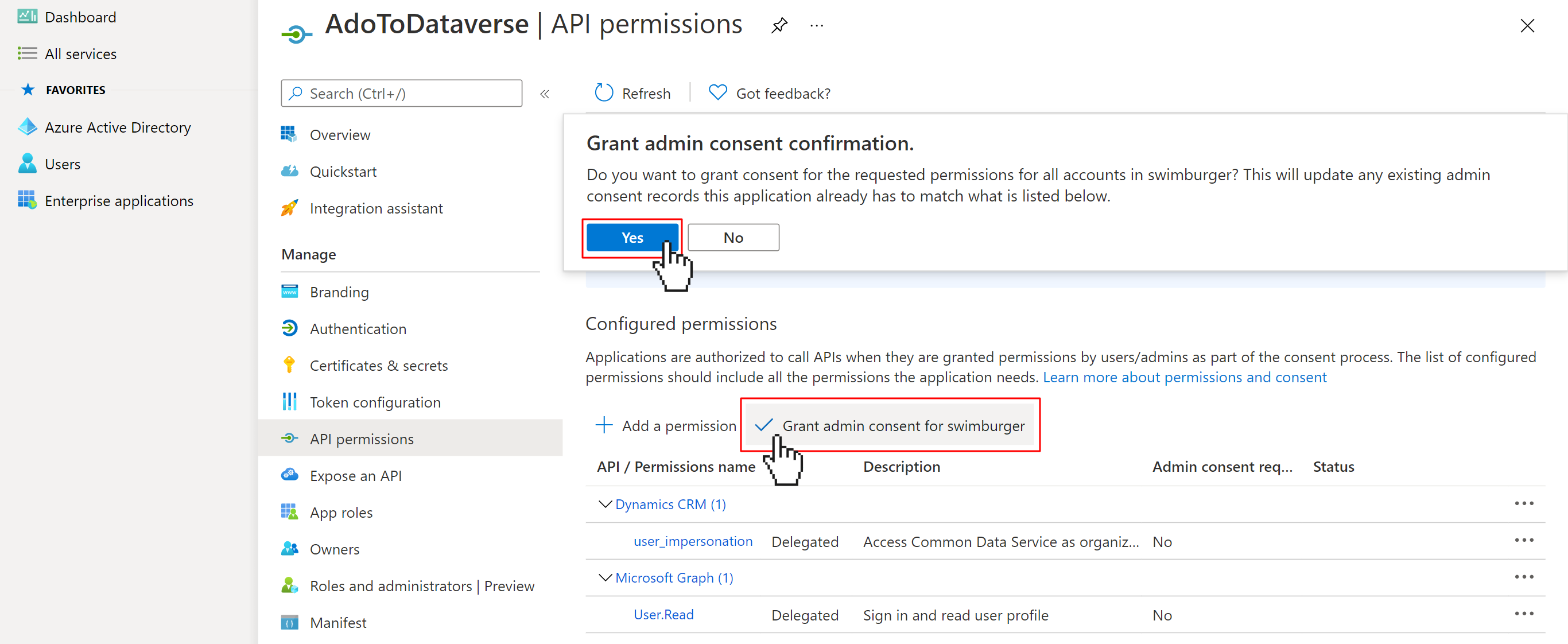 Grant AAD App Registration admin consent