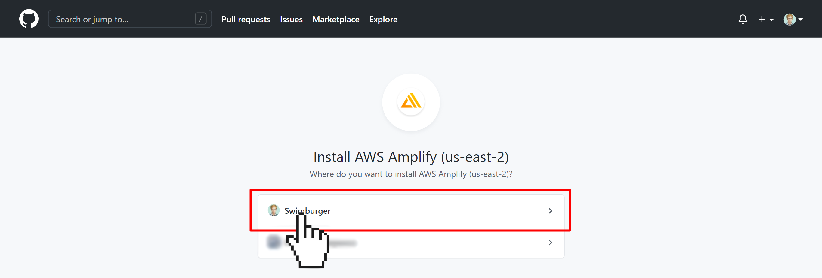 GitHub asking which organization to install the AWS Amplify GitHub app for