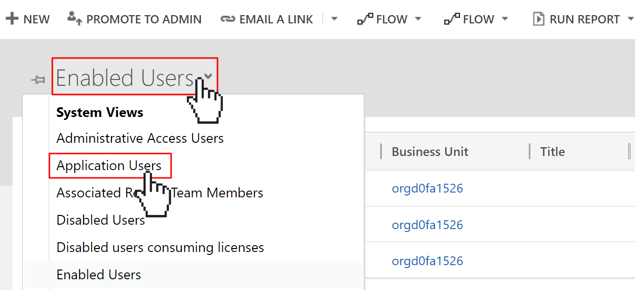 Dynamics 365 user management view, but the cursor is swapping to the "Application Users" view.