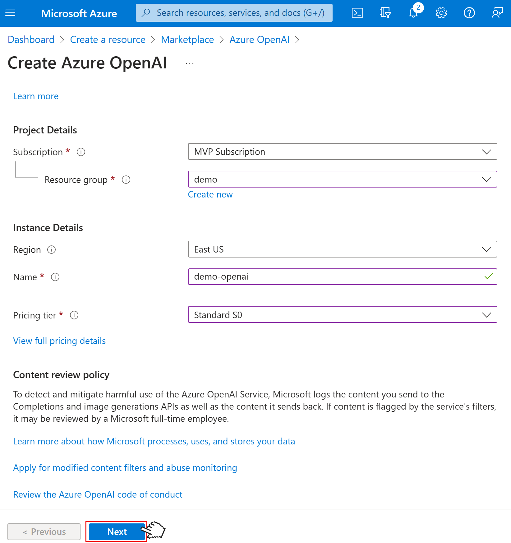 Create Azure OpenAI dialog, asking for the subscription, resource group, region, name, and pricing tier. User filled out the form and is clicking on the Next button.