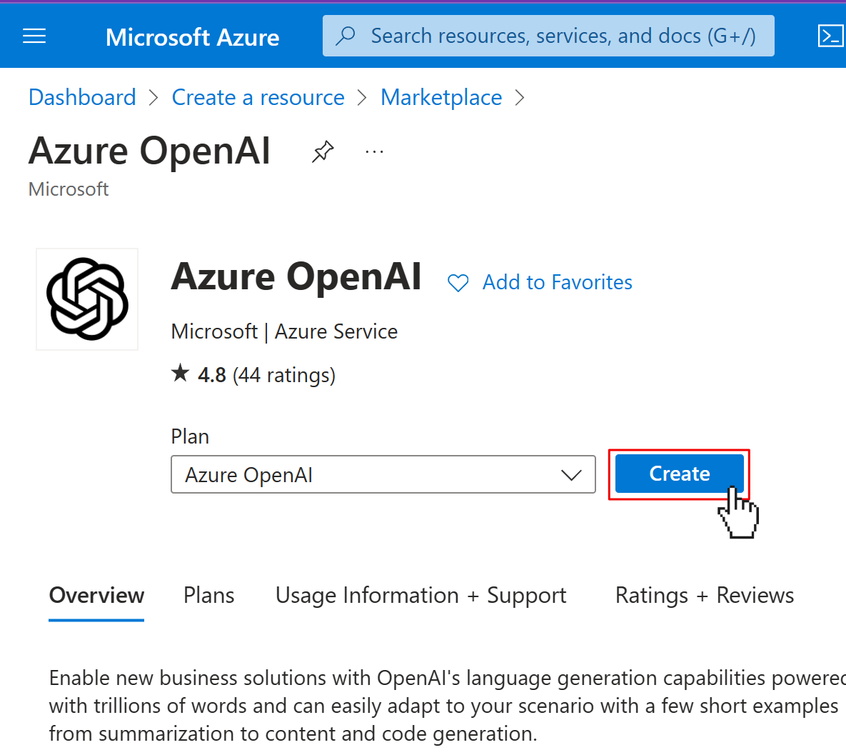 Azure OpenAI product page where user click on the Create button.