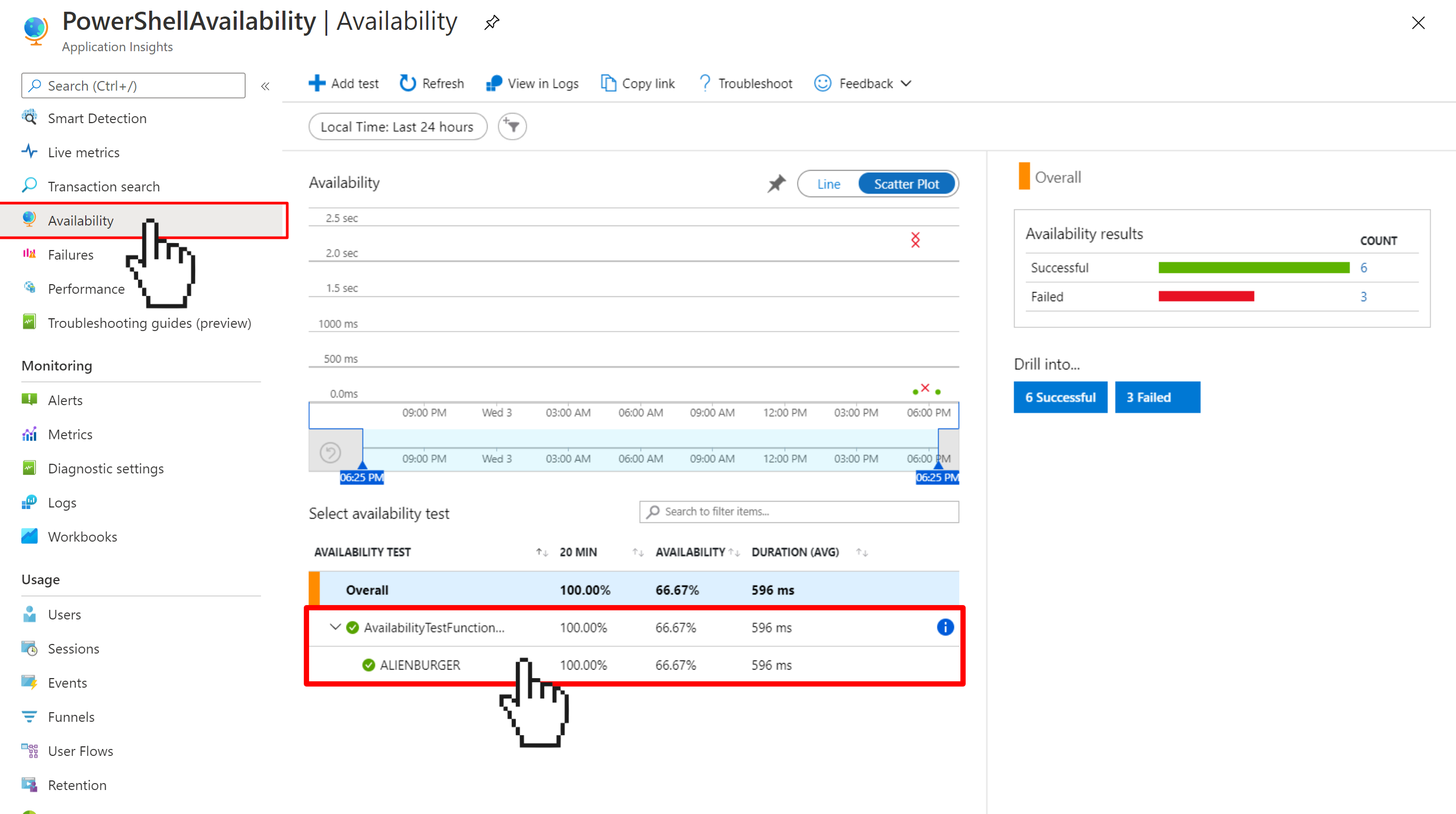 Screenshot of Azure Application Insights Availability blade with a custom availability test