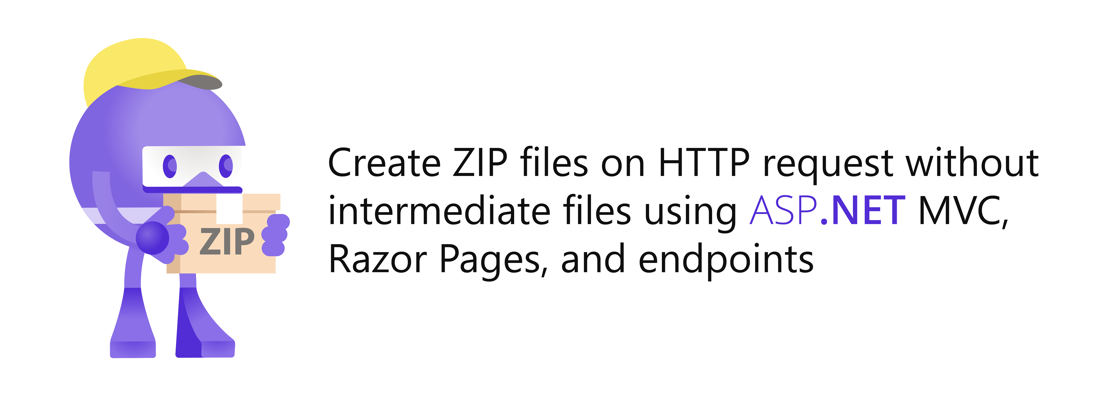 .NET Bot holding a package with "ZIP" on it. Title: Create ZIP files on HTTP request without intermediate files using ASP.NET MVC, Razor Pages, and endpoints