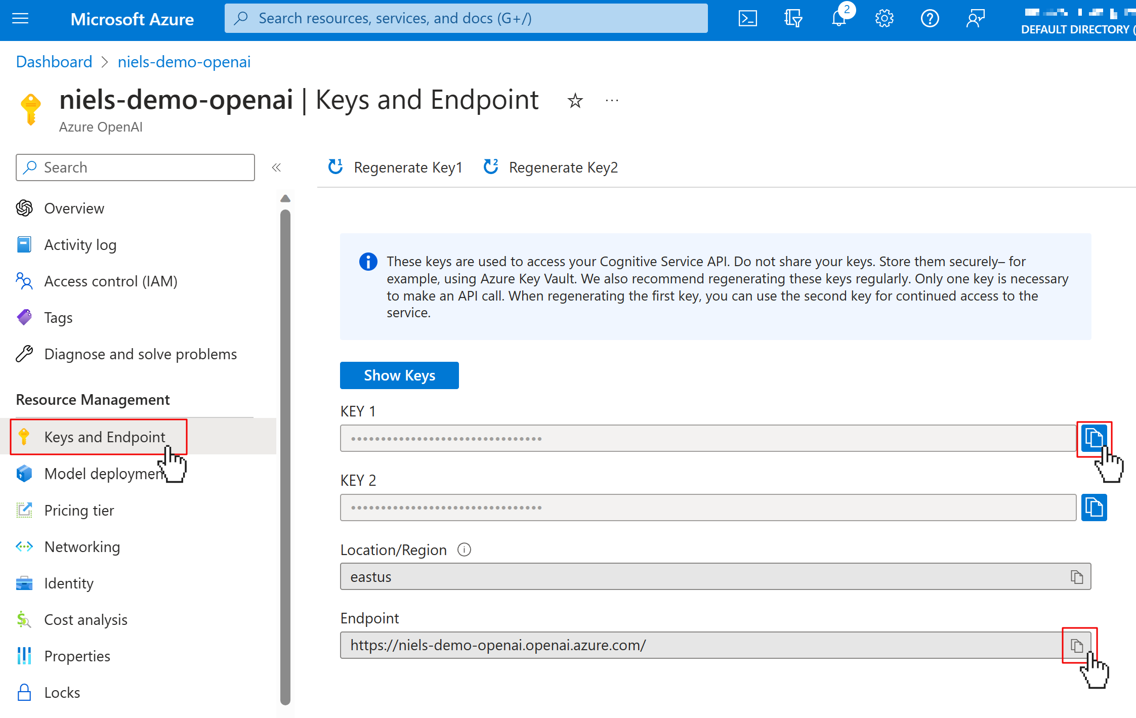 User navigates to Keys and Endpoint tab using the left navigation for Azure OpenAI service. Then user copies KEY 1 and Endpoint field.