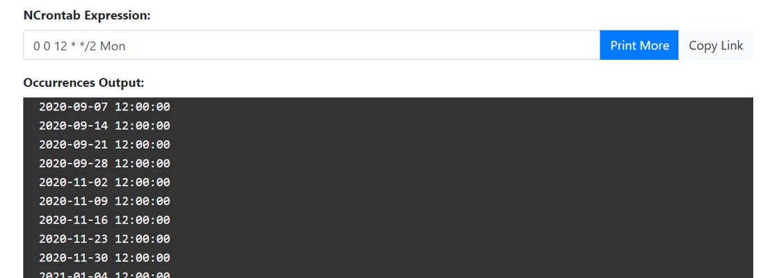 Screenshot of NCrontab Expression Tester tool