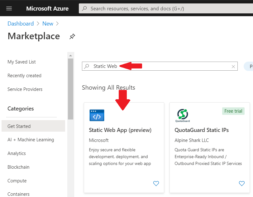 Search for Azure Static Web App