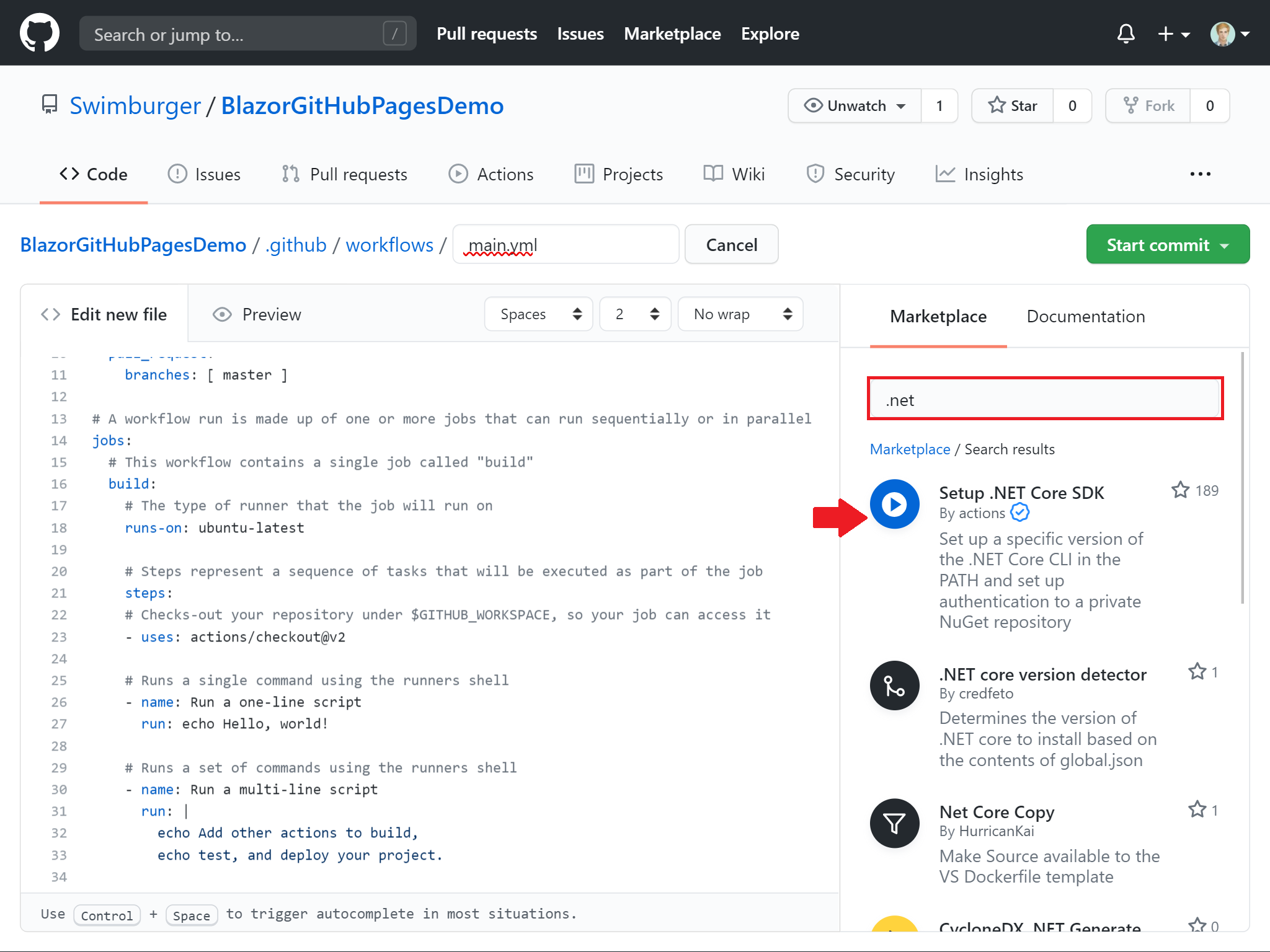 Screenshot of the GitHub Actions Workflow editor while searching for .NET in the marketplace pane