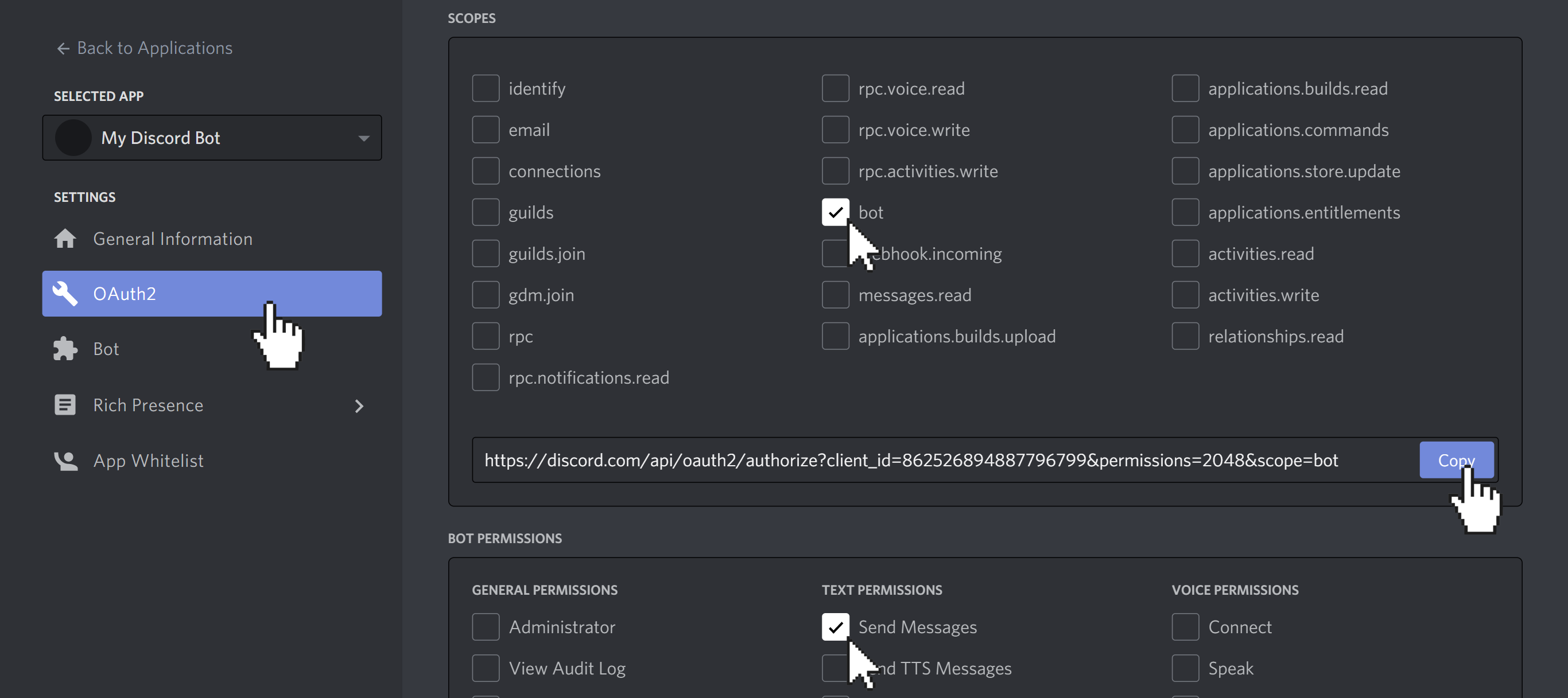 OAuth2 tab of Discord application with bot role and &quot;Send Messages&quot; permission enabled. The cursor is clicking on the &quot;Copy&quot; button to copy the OAuth2 URL.