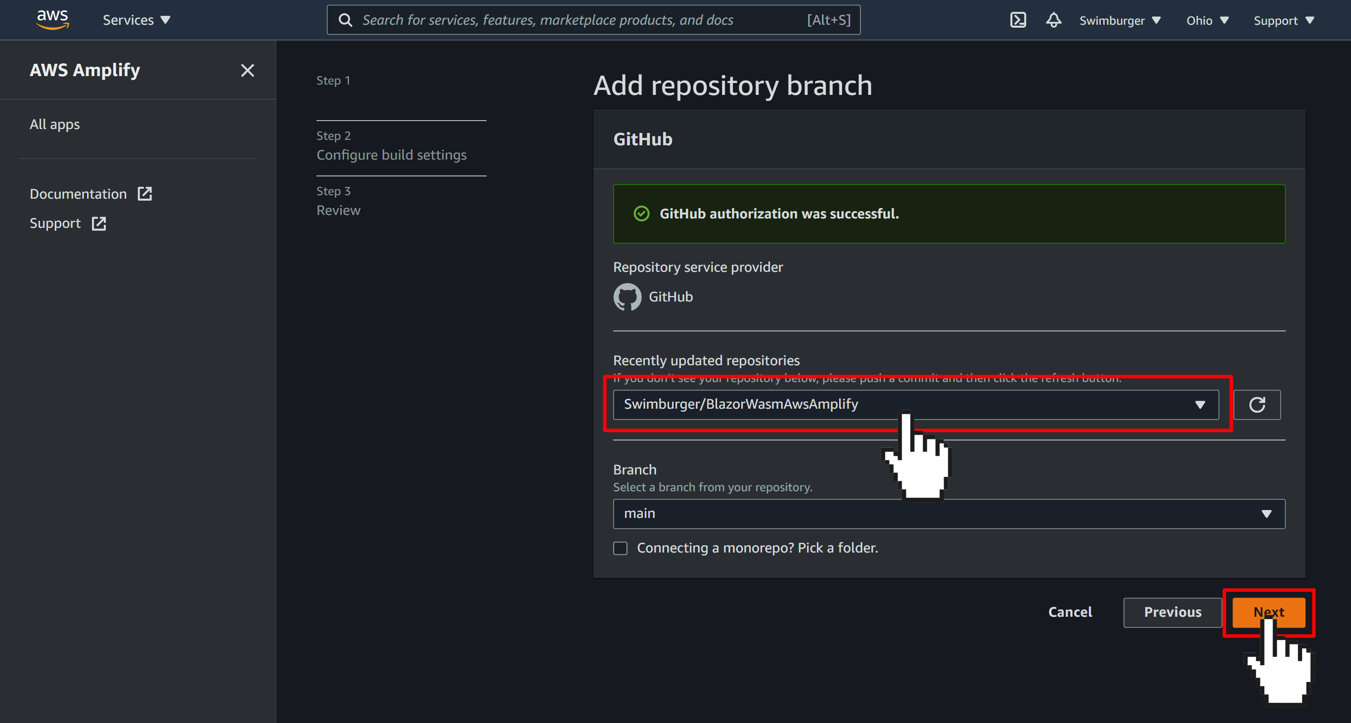 AWS Amplify select Git repository and branch page. A dropdown listing out different git repositories. Another dropdown listing out the different branches for the selected git repository.