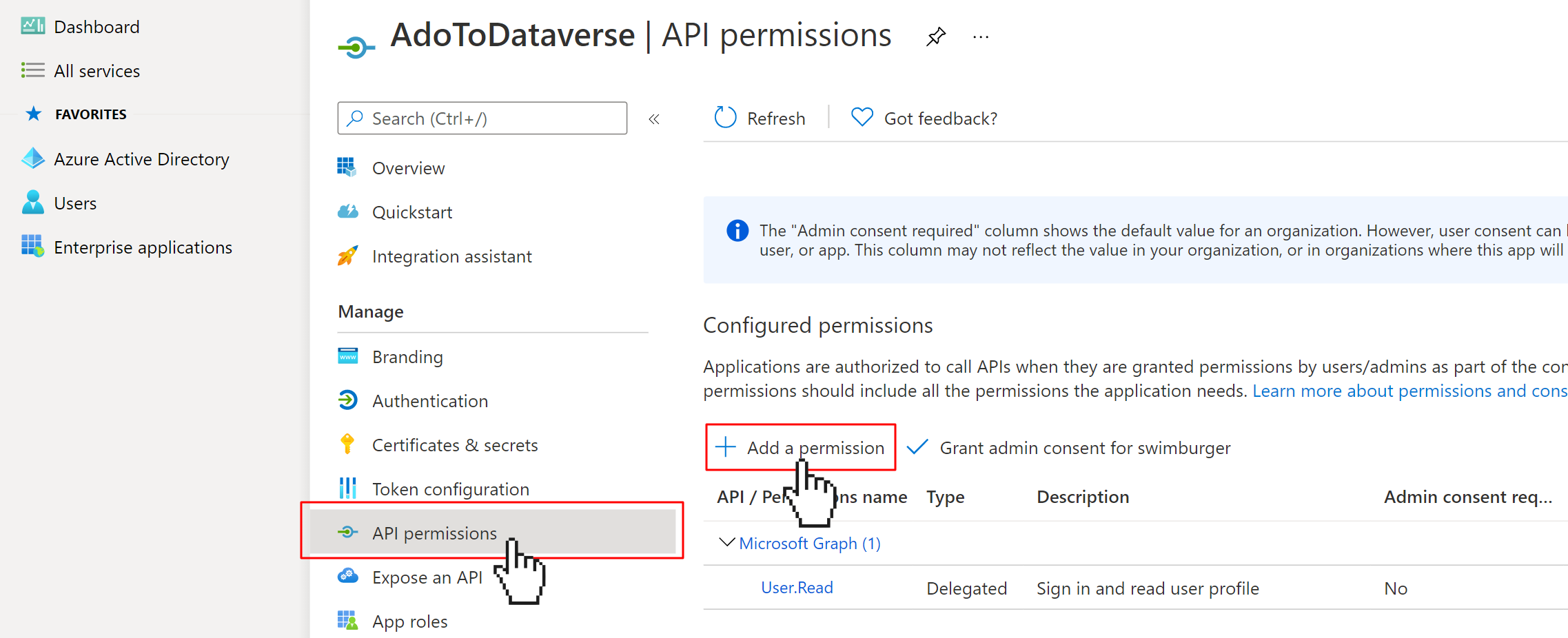 AAD App Registration API Permissions Screen with cursor clicking on the "Add a permission" button.