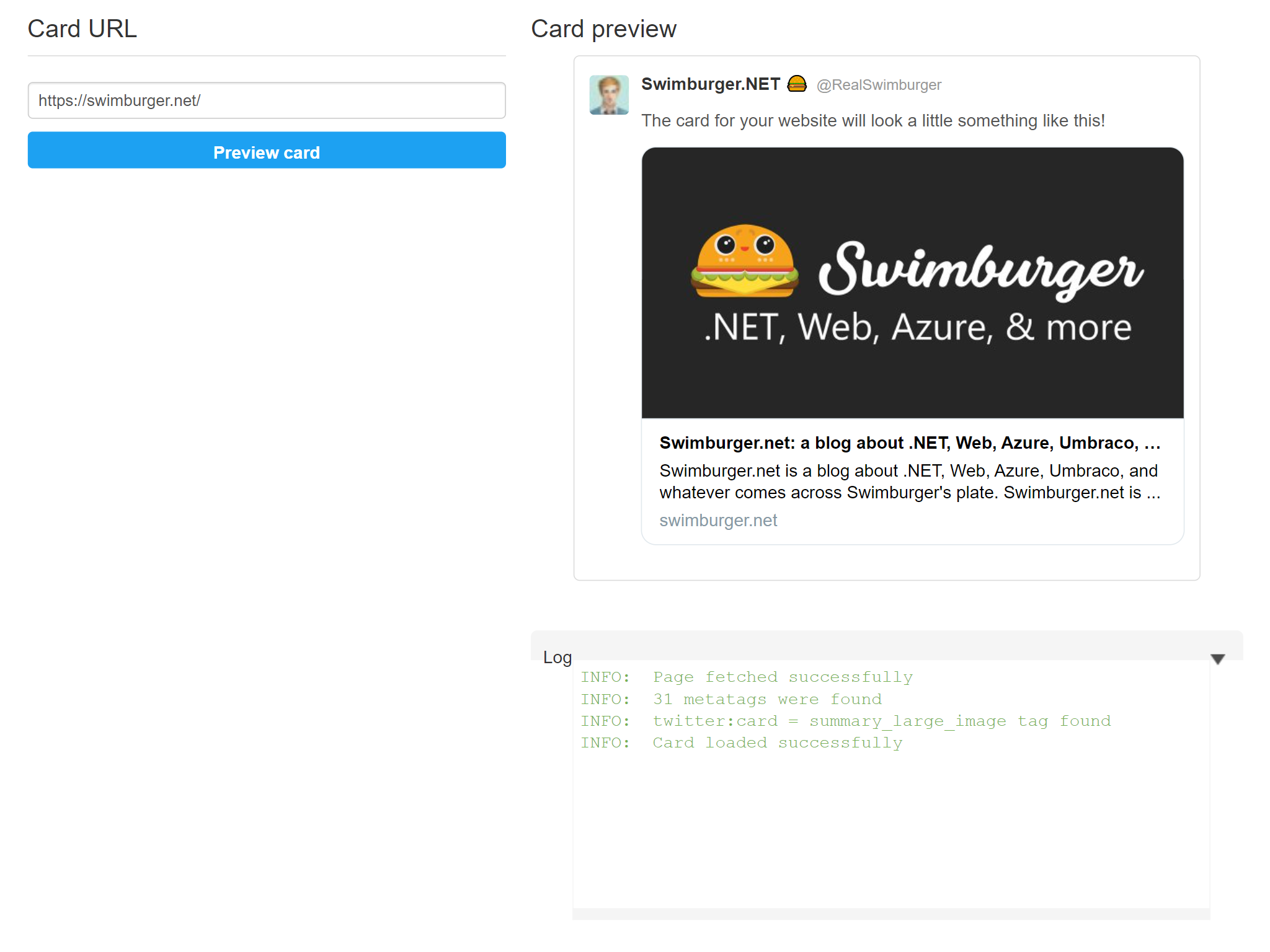 Screenshot of Twitter Card Validator for swimburger.net