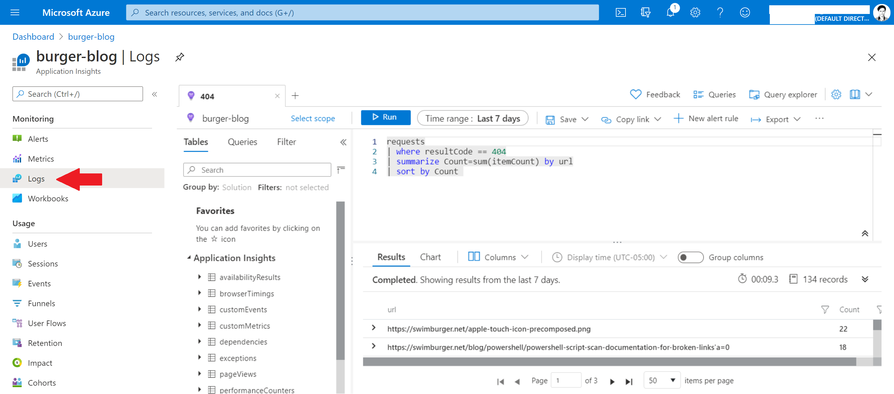 Querying top requested URL's using Kusto and Log Analytics in Azure