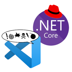 Visual Studio Code logo cursing at .NET Core logo with Red Hat logo
