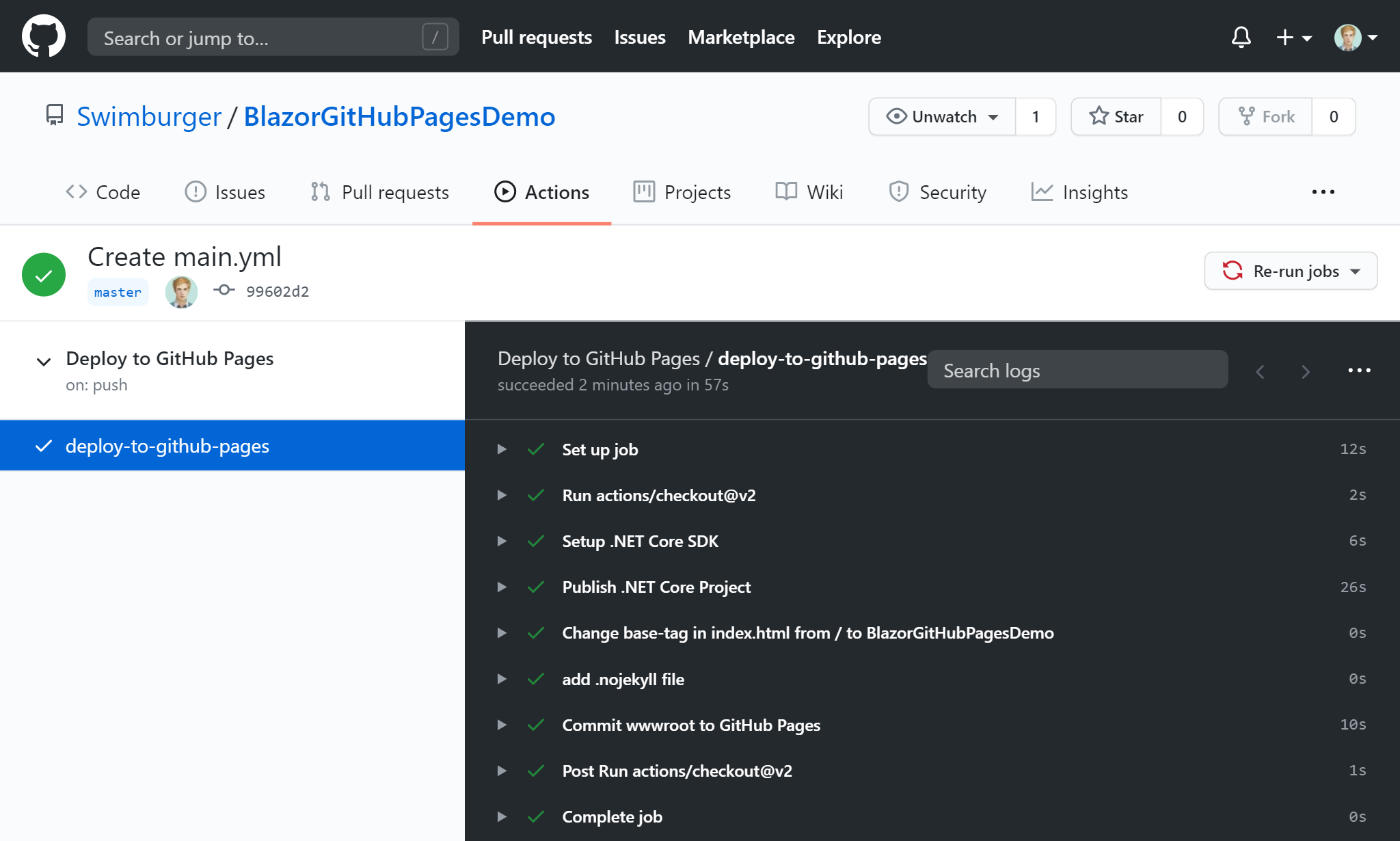 Screenshot of GitHub Actions Workflow run output