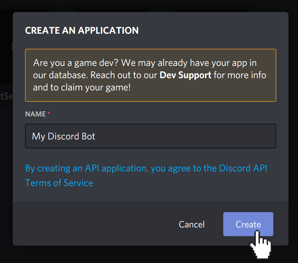 Discord&#x27;s create application modal asking for the name of the application. Cursor is clicking on &quot;Create&quot; button.