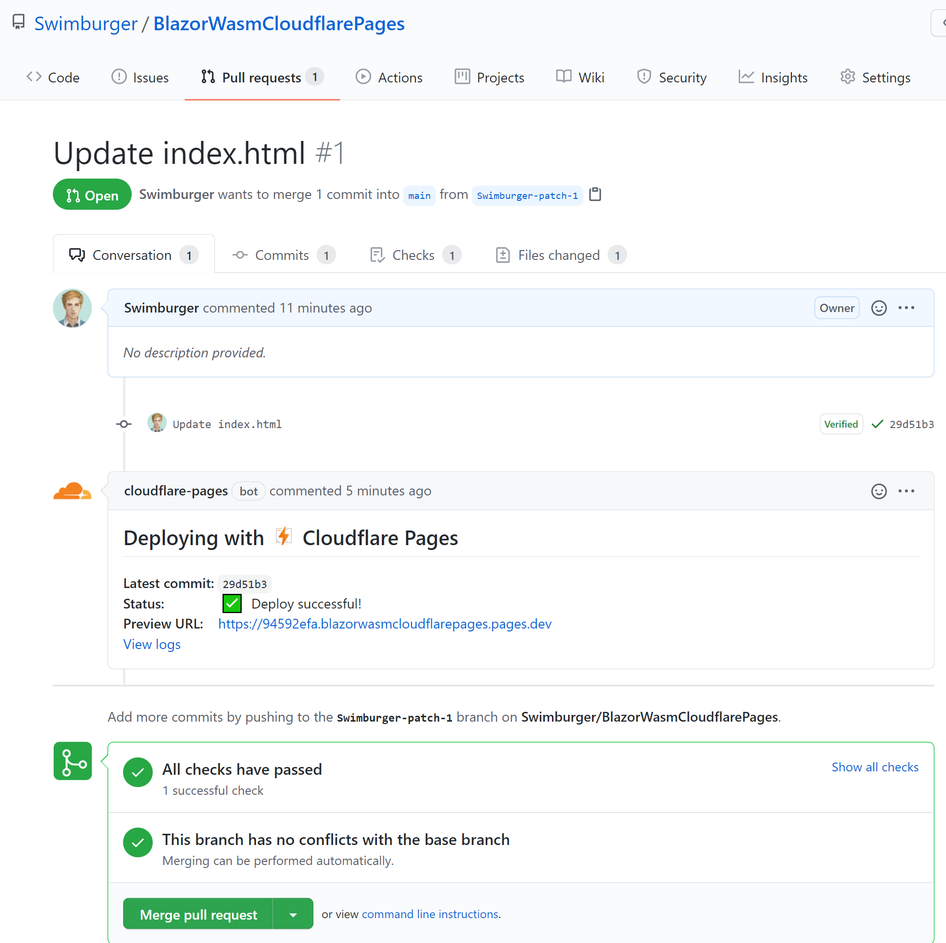 Screenshot of Pull Request where Cloudflare Pages has left a comment after finishing the build &amp; deployment