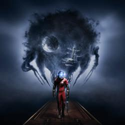 Prey Cover: Man in spacesuit holding shotgun. Earth and Spacestation in the background