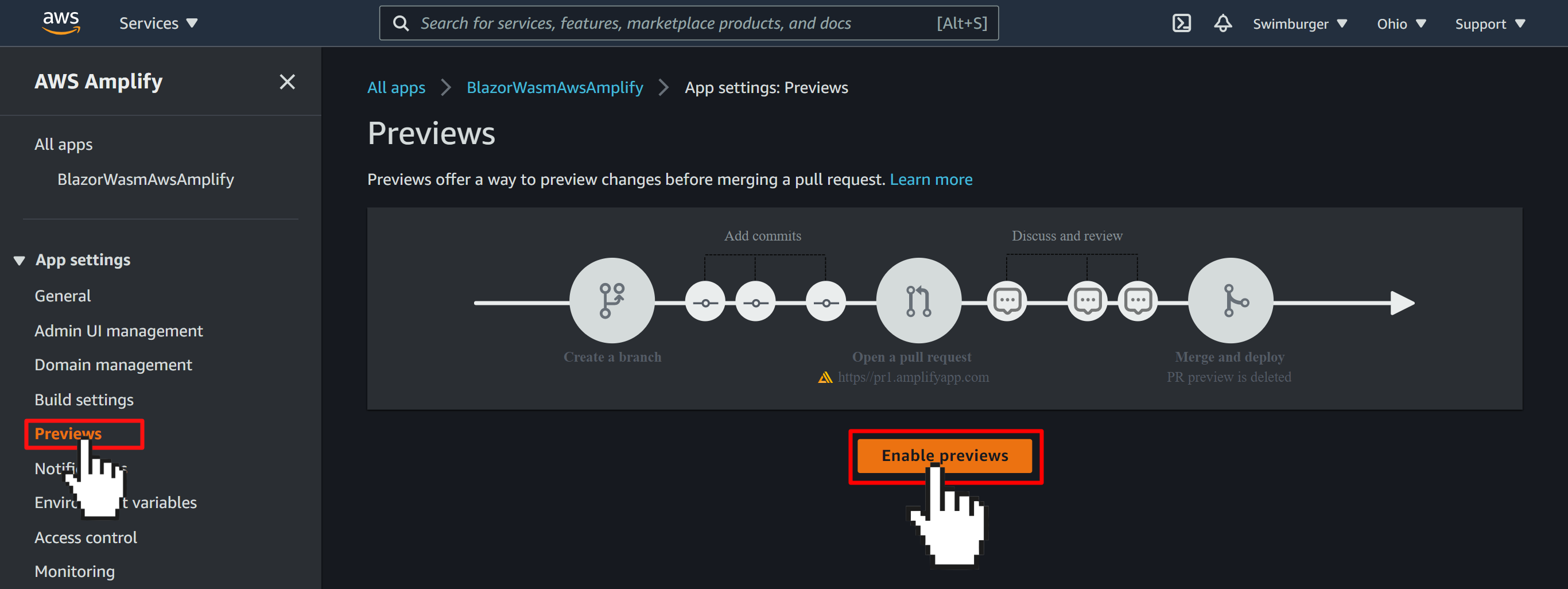 AWS Amplify Console previews section with a big button in the middle &quot;Enable previews&quot;