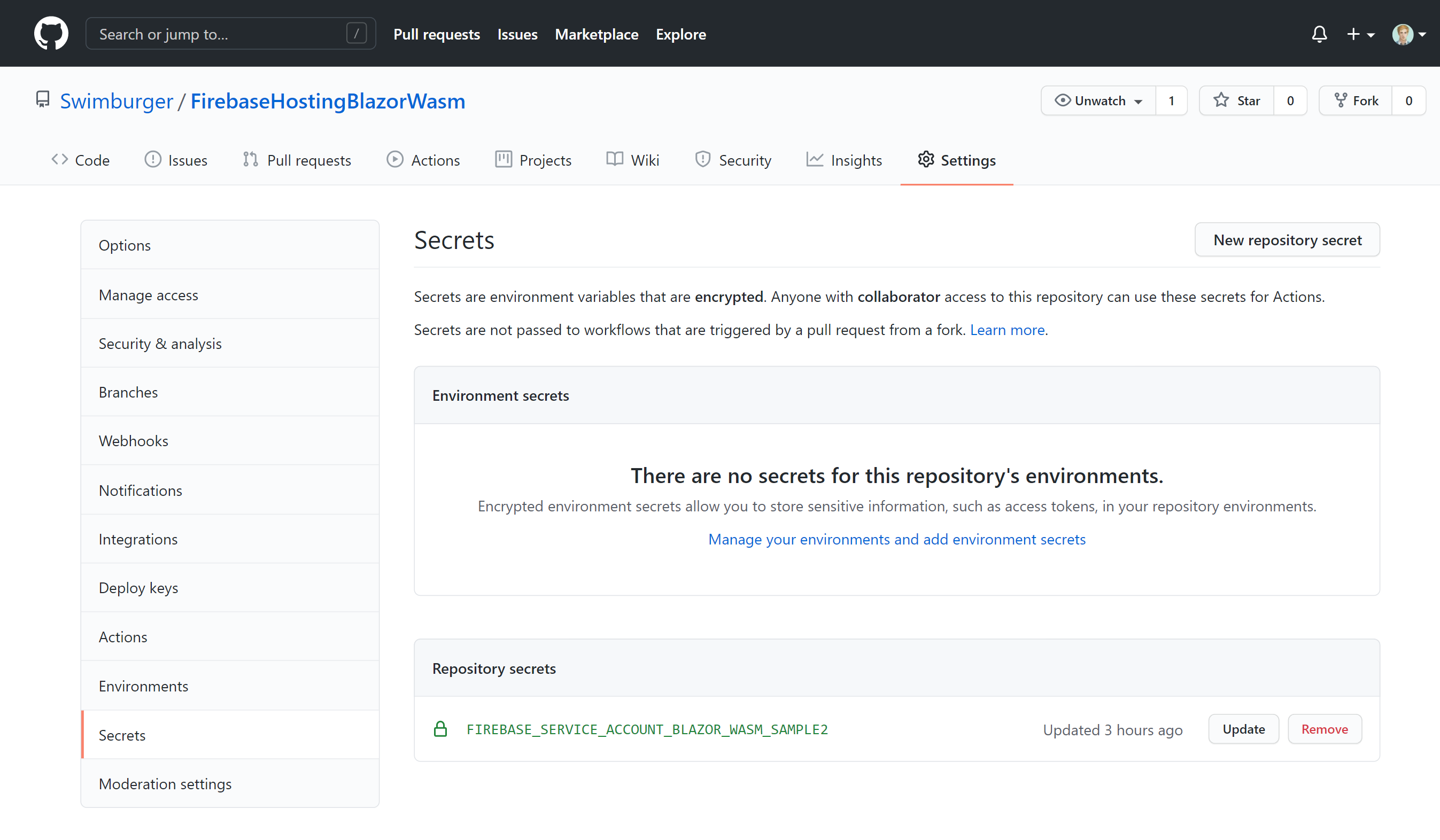 Screenshot of the secrets settings on the GitHub repository after Firebase initialization. One repository secret can be seen.