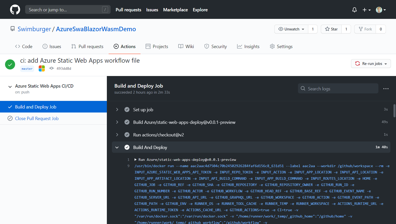 Azure Static Web App GitHub Workflow Run output