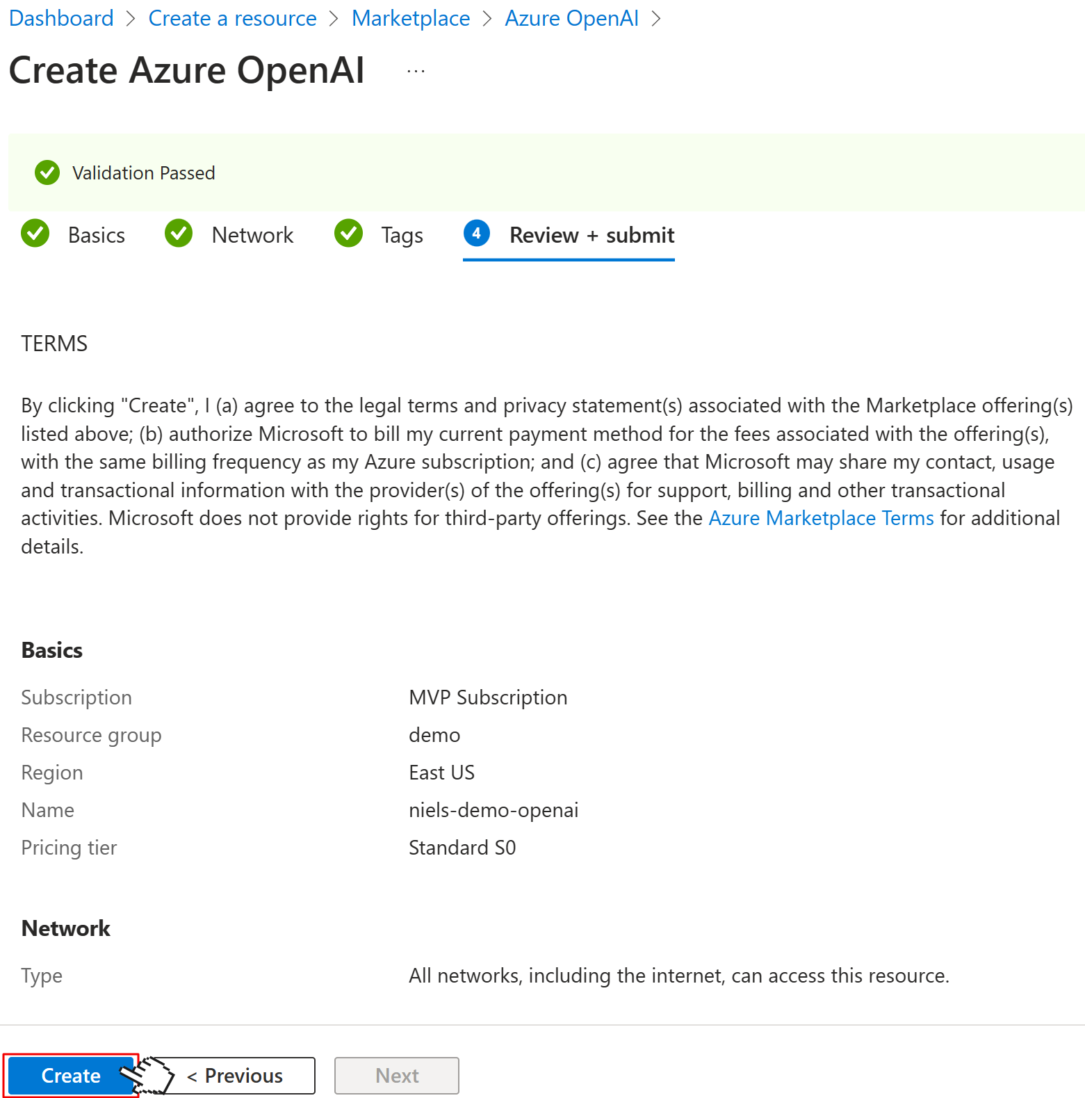 Create Azure OpenAI Review + submit dialog, showing an overview of the resource to be created. User clicks on Create button.