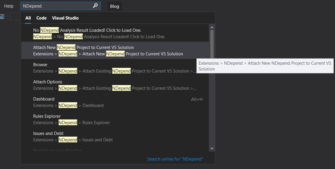 Screenshot of attaching NDepend to a .NET solution in Visual Studio