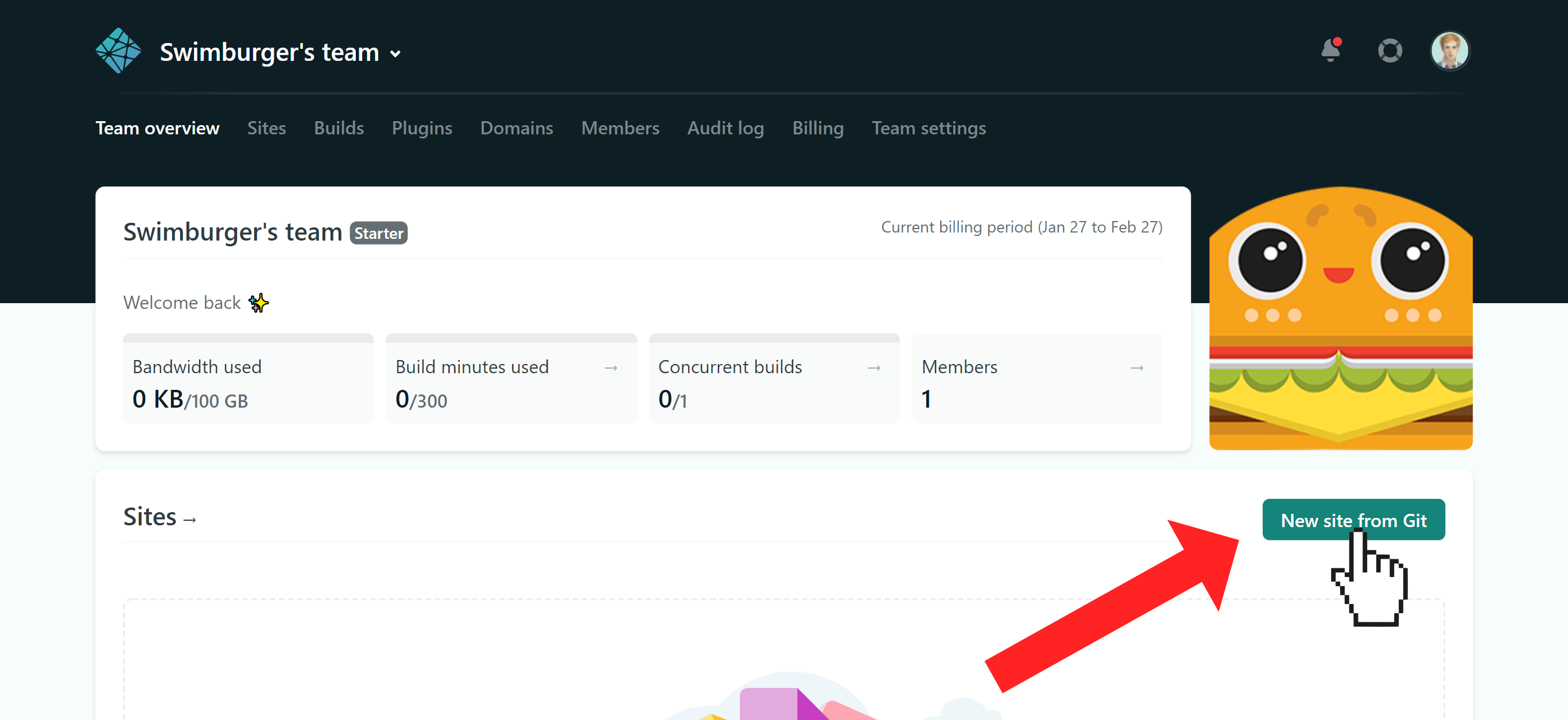 Screenshot of the Netlify team overview page with an arrow pointing to the &quot;New site from Git&quot; button.