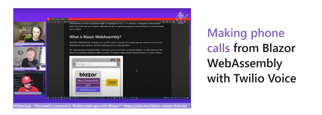 Screenshot of the .NET Docs Show stream with 3 facecam videos on Blazor WebAssembly shared using screensharing. Title: Making phone calls from Blazor WebAssembly with Twilio Voice.