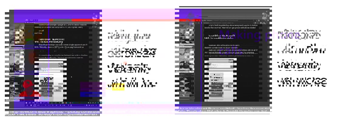 Screenshot of the .NET Docs Show stream with 3 facecam videos on Blazor WebAssembly shared using screensharing. Title: Making phone calls from Blazor WebAssembly with Twilio Voice.