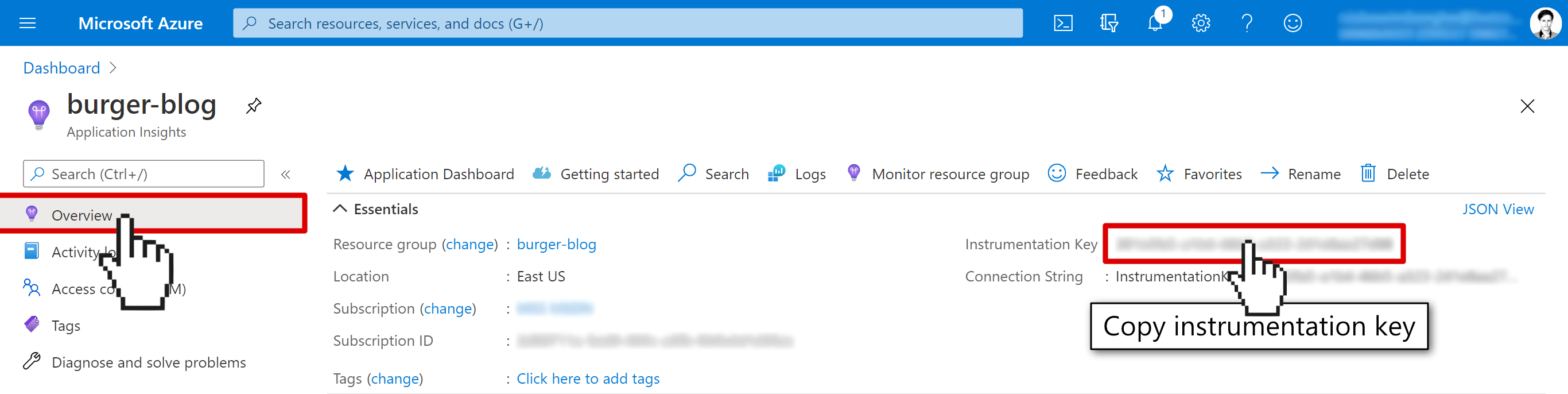 Screenshot of the Application Insights home blade where you can find the instrumentation key