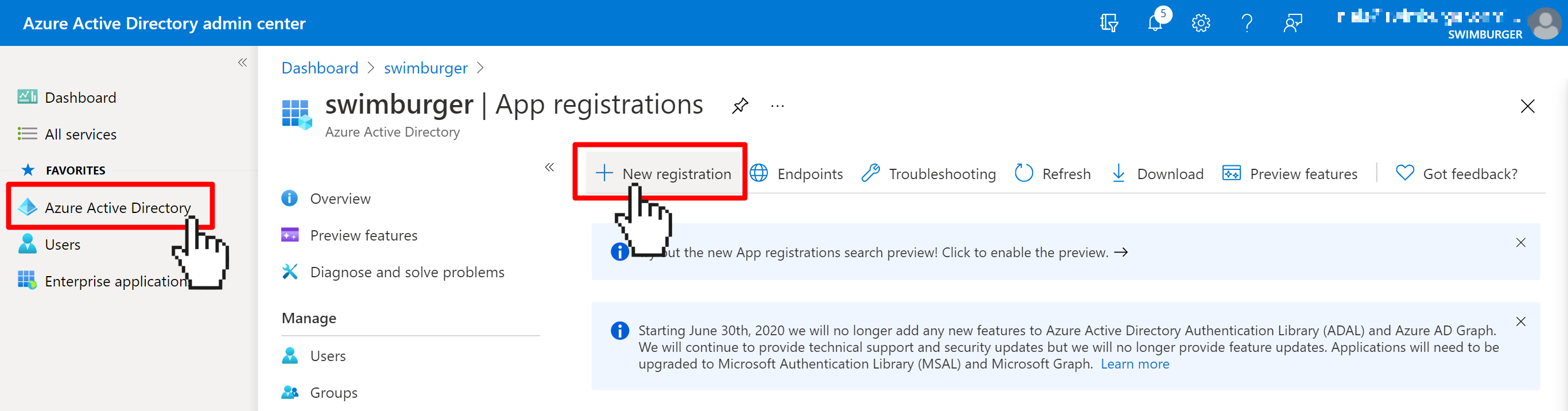 Screenshot of Azure Active Directory App Registration screen. Cursor clicks on the "New registration" button.