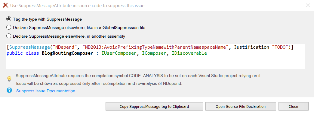 Screenshot of the Suppress violation modal in NDepend