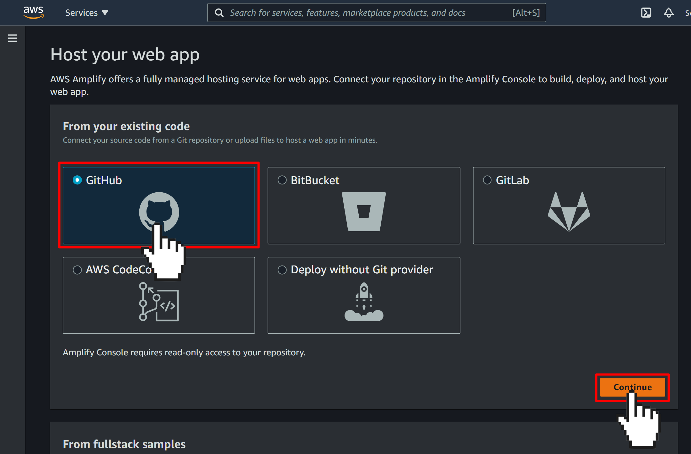 AWS Amplify Create page. Showing different Git sources. Pointer clicks on the GitHub source and clicks continue button.