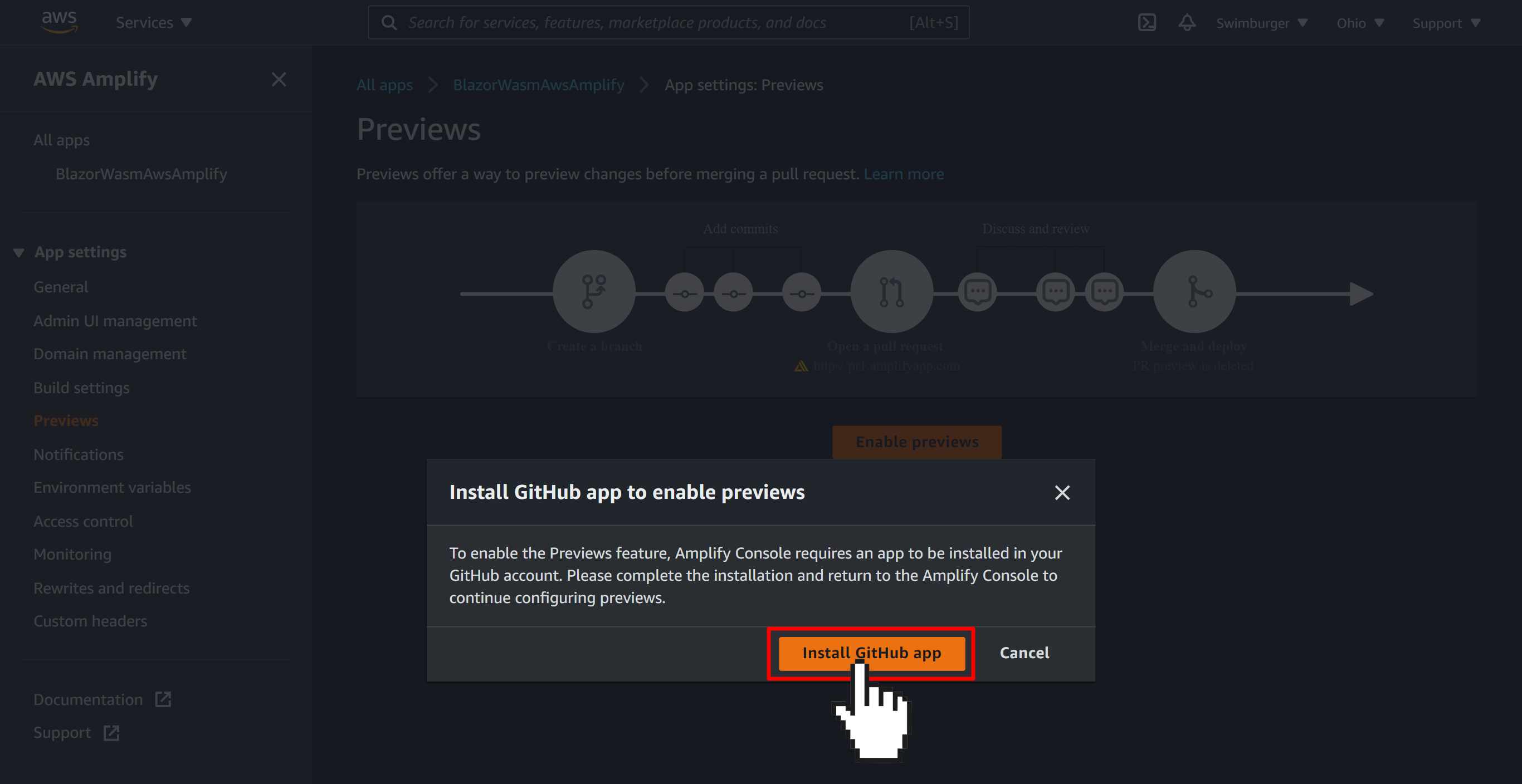 A modal prompting to install the AWS Amplify GitHub app