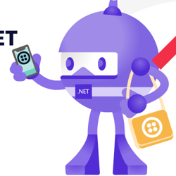 .NET Bot holding a phone and bag with the Twilio logo