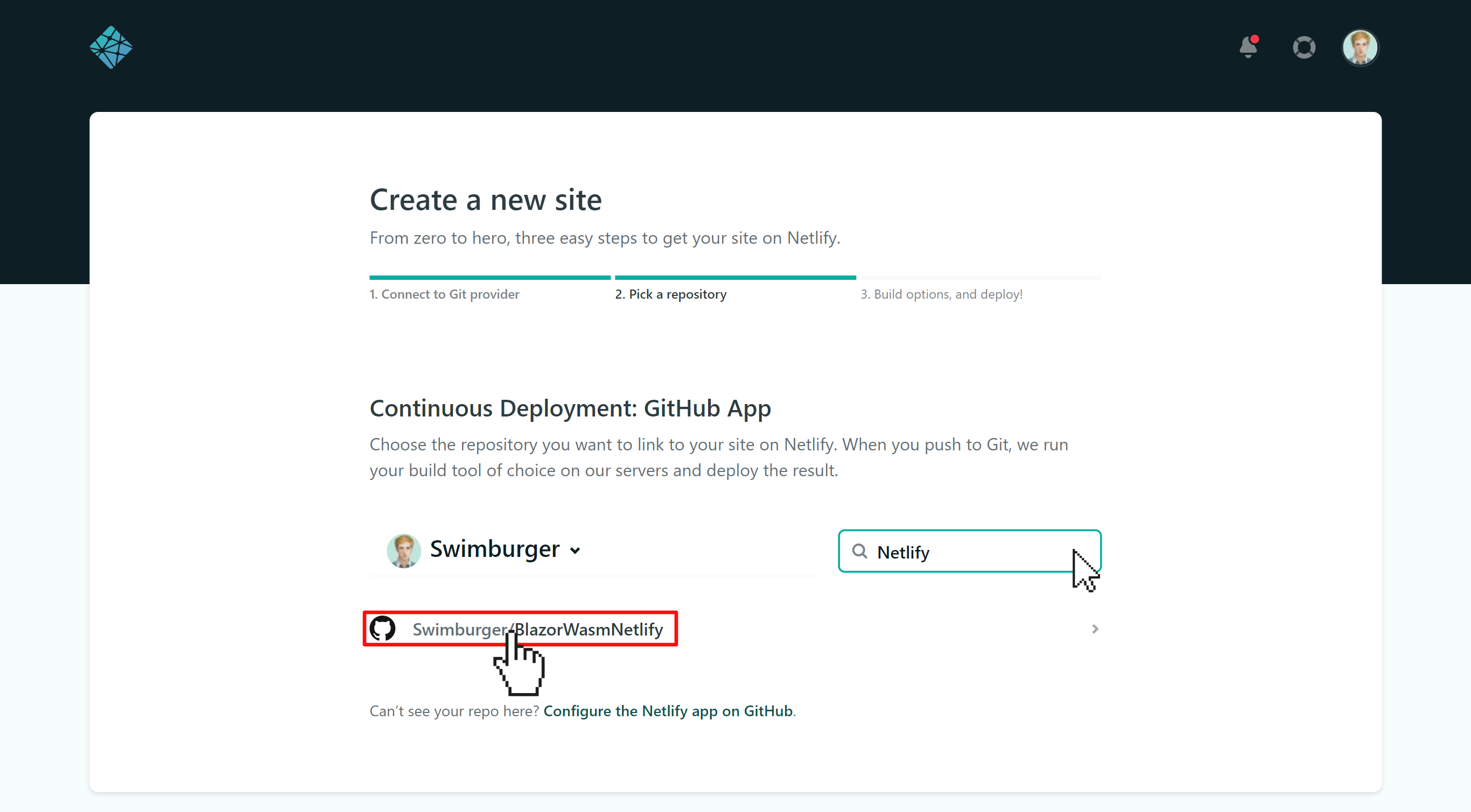 Step 2 of creating a Netlify site from Git: Pick a repository. Mouse pointer clicks on a GitHub repository.