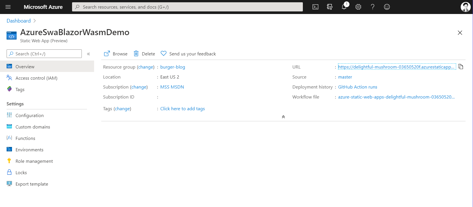 Screenshot of an Azure Static Web App resource